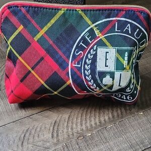 Estee Lauder Red and Black Makeup Bag with Tartan Design
